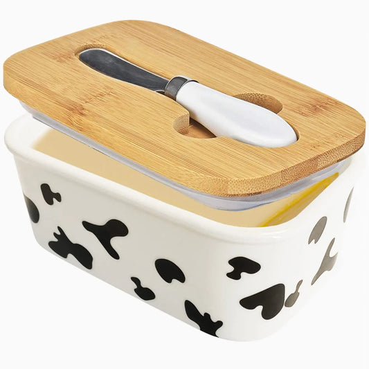 Cow Butter Dish with Knife Farmhouse Covered Butter Holder Fits Two Sticks of Butter