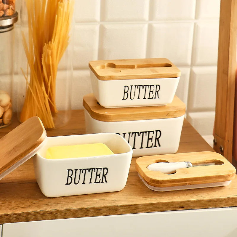 Nordic Style Butter Box With Knife Set Ceramic Cheese Butter Storage Plate With Bamboo Lid Food Container For Kitchen