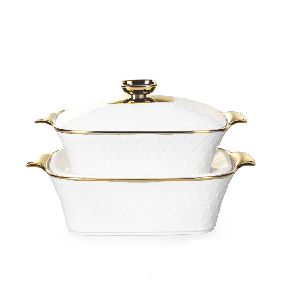 JIUWANG guangzhou gold-plated ceramic porcelain casserole dish with lid Set soup pot rose gold with lib  food warmer containers