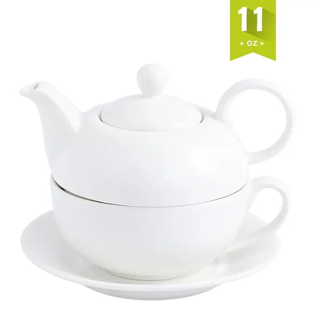 Wholesale Top Grade White Porcelain Individual Tea Set 17 oz Ceramic Teapot with Infuser and 7oz Cup and 6.75" Saucer