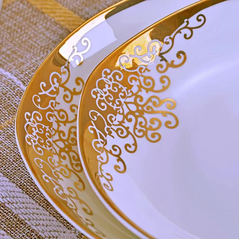 56pcs dinner set with cut decal Wedding dinner plates golden pattern luxury ceramic dinnerware