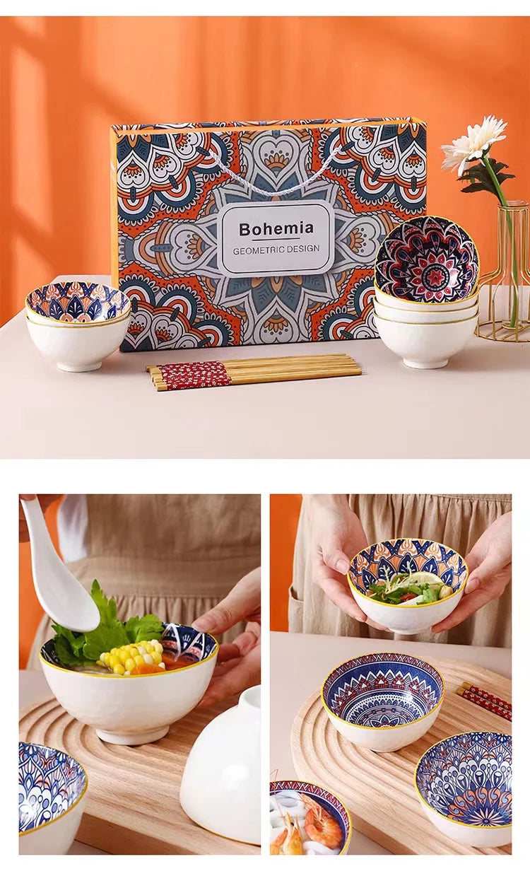 4.5inch Bohemian Style Ceramic Bowls with Chopsticks Set Rice Bowl For Gift Christmas Porcelain Bowl Set