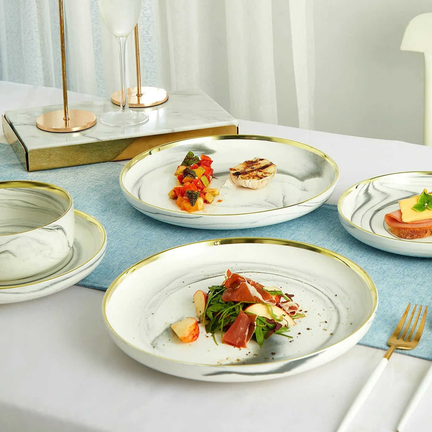 wholesale Plates and Bowls Sets for 4, Gold Dinnerware Sets, 12 Piece Marble Porcelain Round Stoneware Dinner Dish Sets