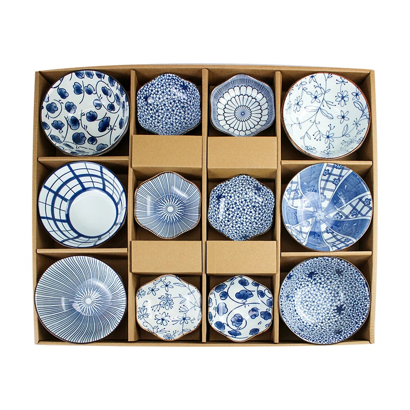 2023 china hot sale Japanese porcelain tableware gift bowl set blue and white porcelain 4.5 inch bowl 8 inch dish gift set