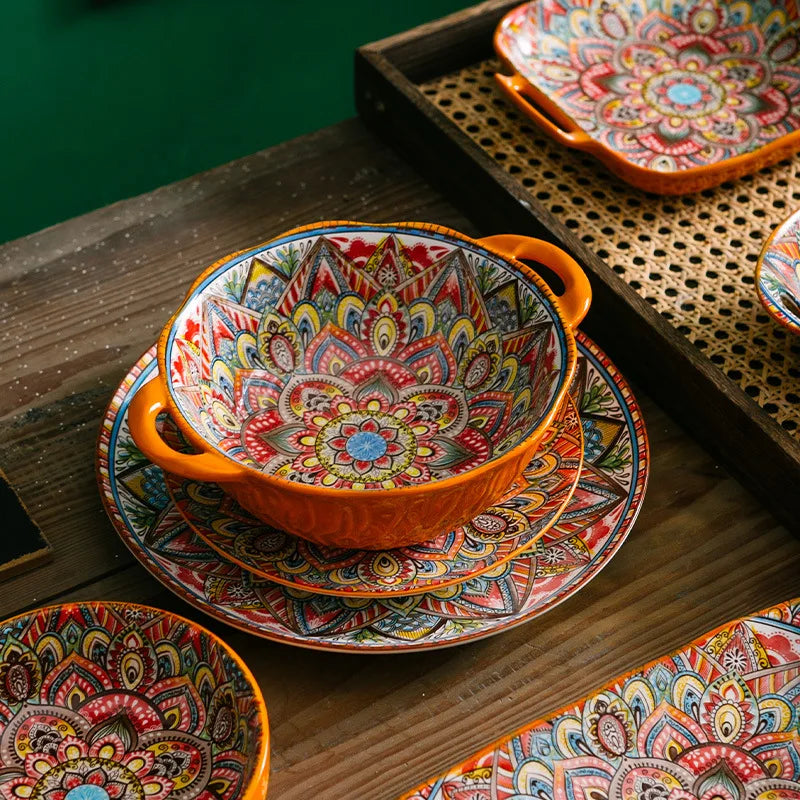 Flower pattern orange Ceramic bowl Porcelain Cheap Dinnerware Set Bohemian Ceramic Plate