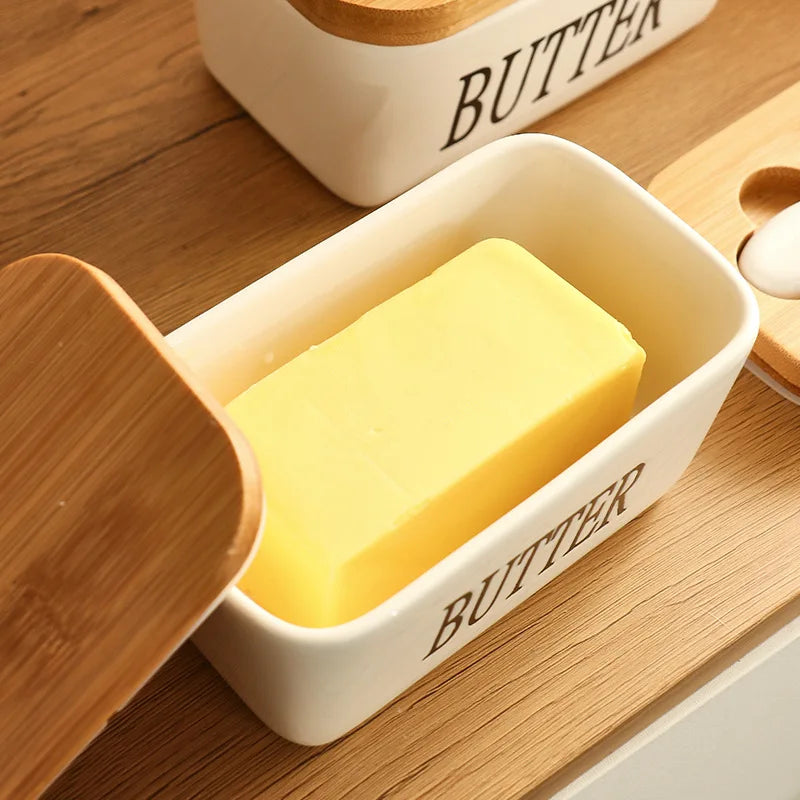 Hot Selling Rectangular Ceramic Sealed Jar Butter Box With Knife Set Kitchen Box Storage Ceramics