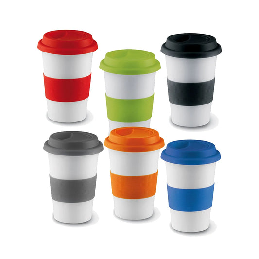 hot sale 15oz grey ceramic handleless ceramic coffee mugs with silicon lid and sleeve