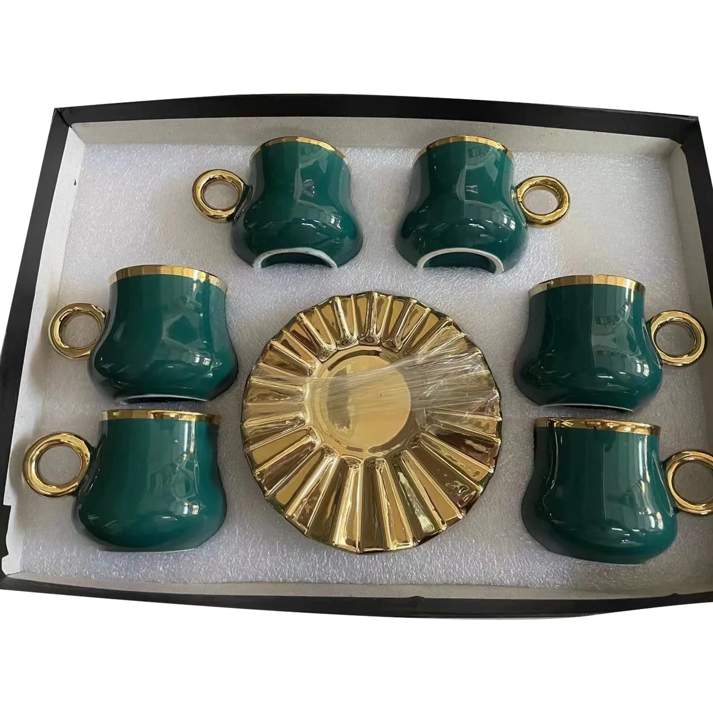 Phnom Penh wholesale 6 cups 6 dishes ceramic tea set green red white yellow gold  ceramic coffee cups set with saucer