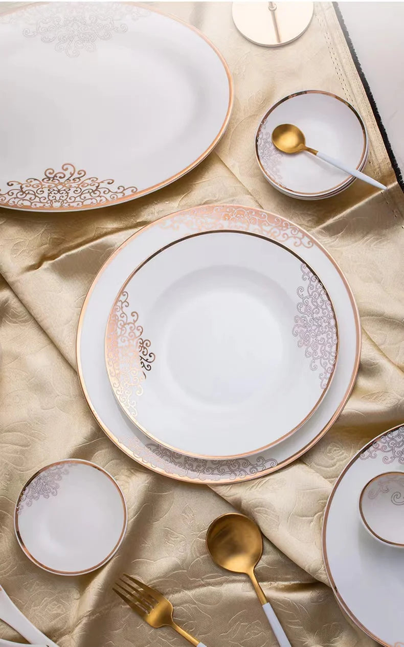 56pcs dinner set with cut decal Wedding dinner plates golden pattern luxury ceramic dinnerware