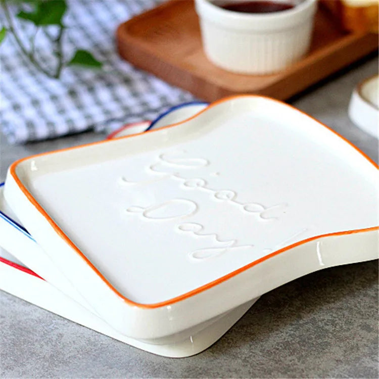 JIUWANG  Ceramic Bread Plate Creative Toast Bread Shape Plate Creative Hand-painted High-temperature Color Glaze Creative Plate