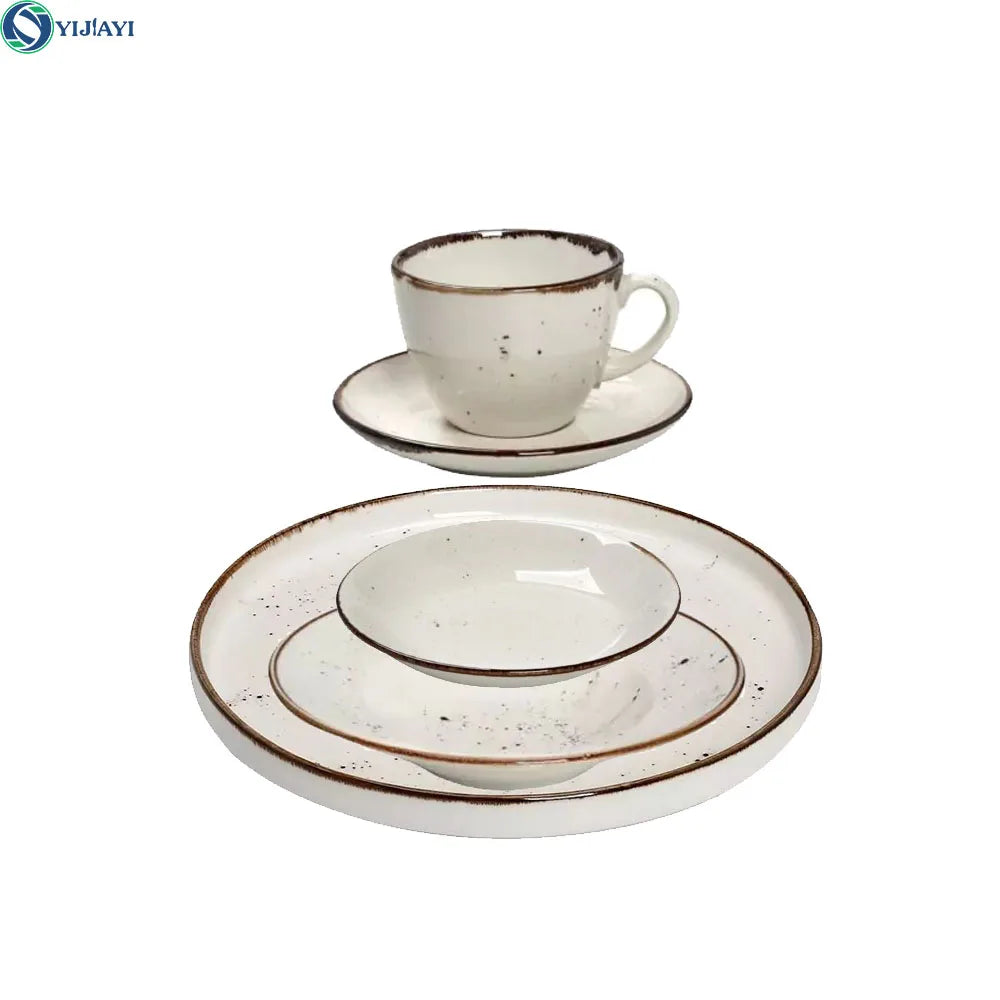 Luxury Stoneware Ceramic Dinnerware Set Stone Color Glazed Porcelain with Plant Pattern Sustainable and Stocked Design