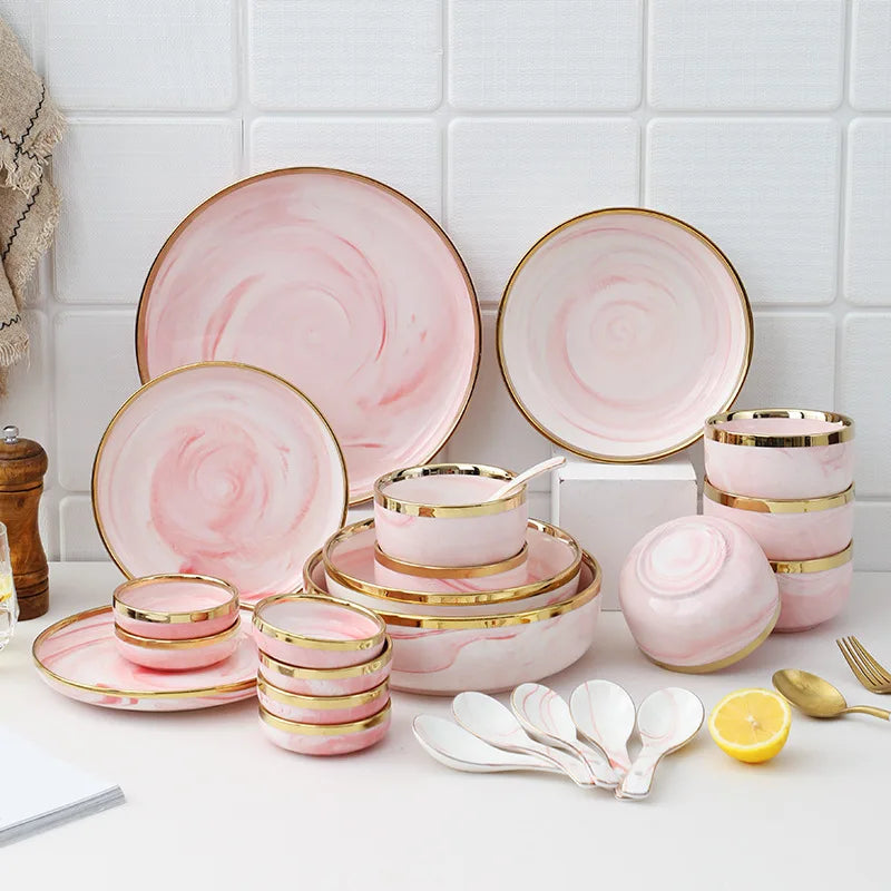 Manufacturer custom nordic green black pink white tableware ceramic dinner tableware set porcelain dinner set Dinnerware Sets