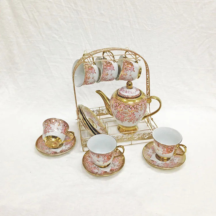 Turkish royal coffee tea set with 6 cups and saucers gold printed ceramic luxury teapot set