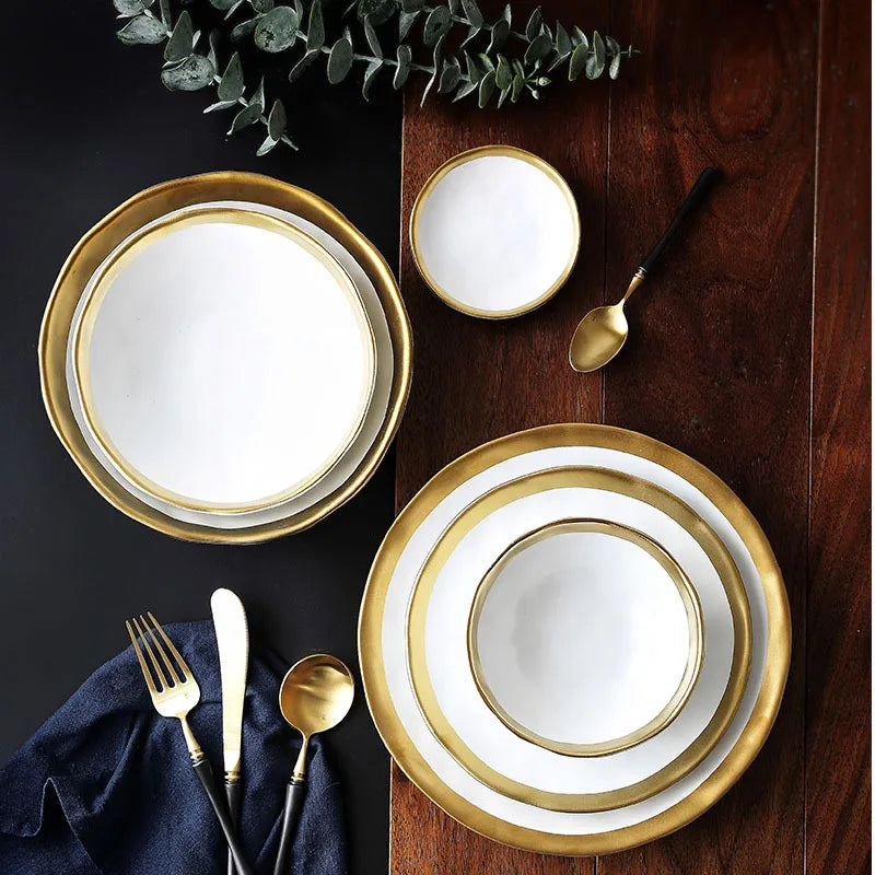 JIUWANG Nordic wholesale gold dinner Plate Set Porcelain Luxury Dinnerware Dishes Ceramic Plate