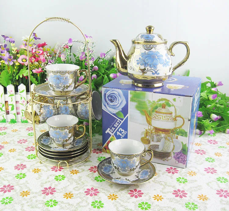 Turkish royal coffee tea set with 6 cups and saucers gold printed ceramic luxury teapot set