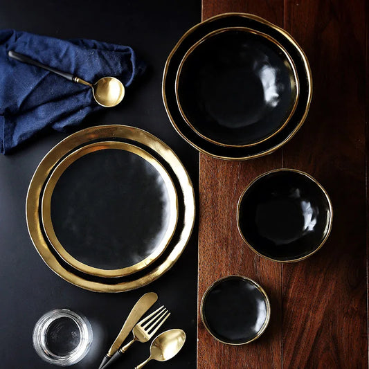 Luxury dinnerware high grade black porcelain charger plate with gold rim