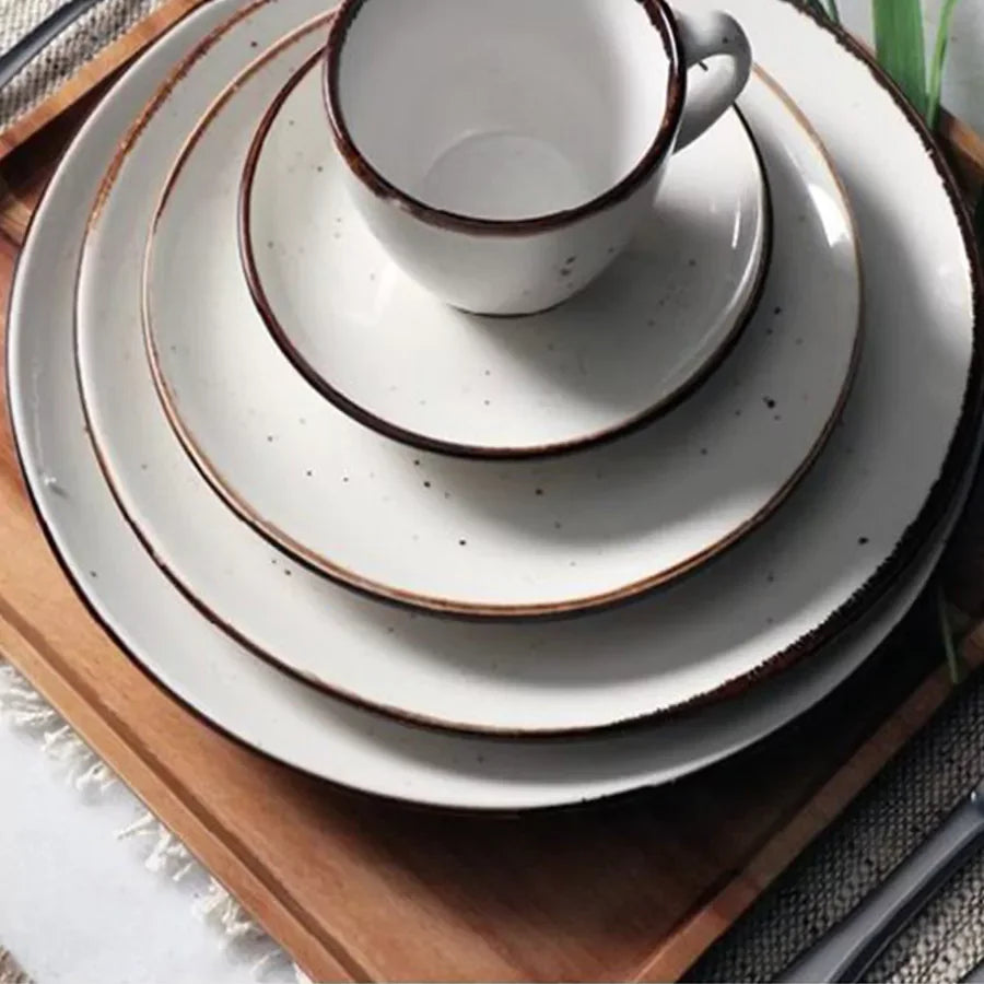 Luxury Stoneware Ceramic Dinnerware Set Stone Color Glazed Porcelain with Plant Pattern Sustainable and Stocked Design