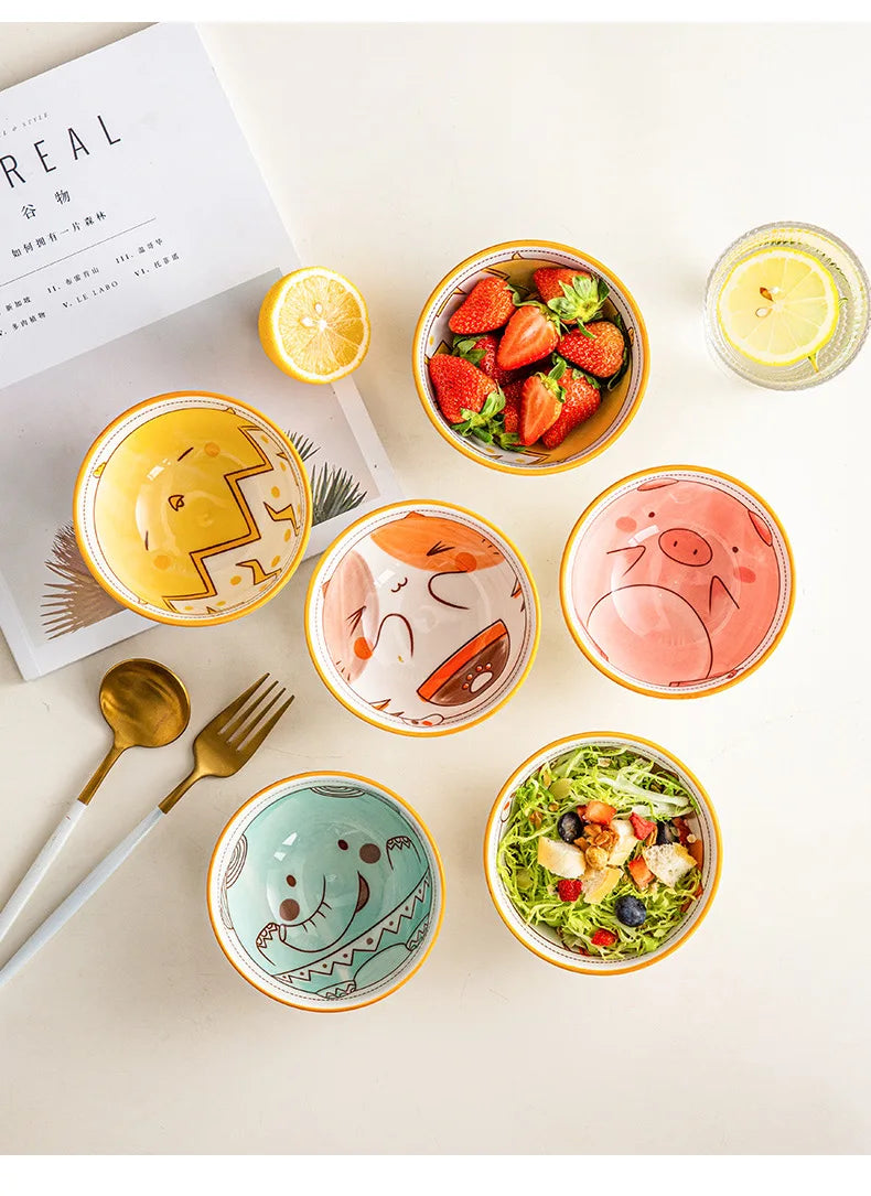 Children Ceramic Tableware Dishes Cute Animal Household Handle Dish Grill Dish Rice Bowl Dinner Bowl Set