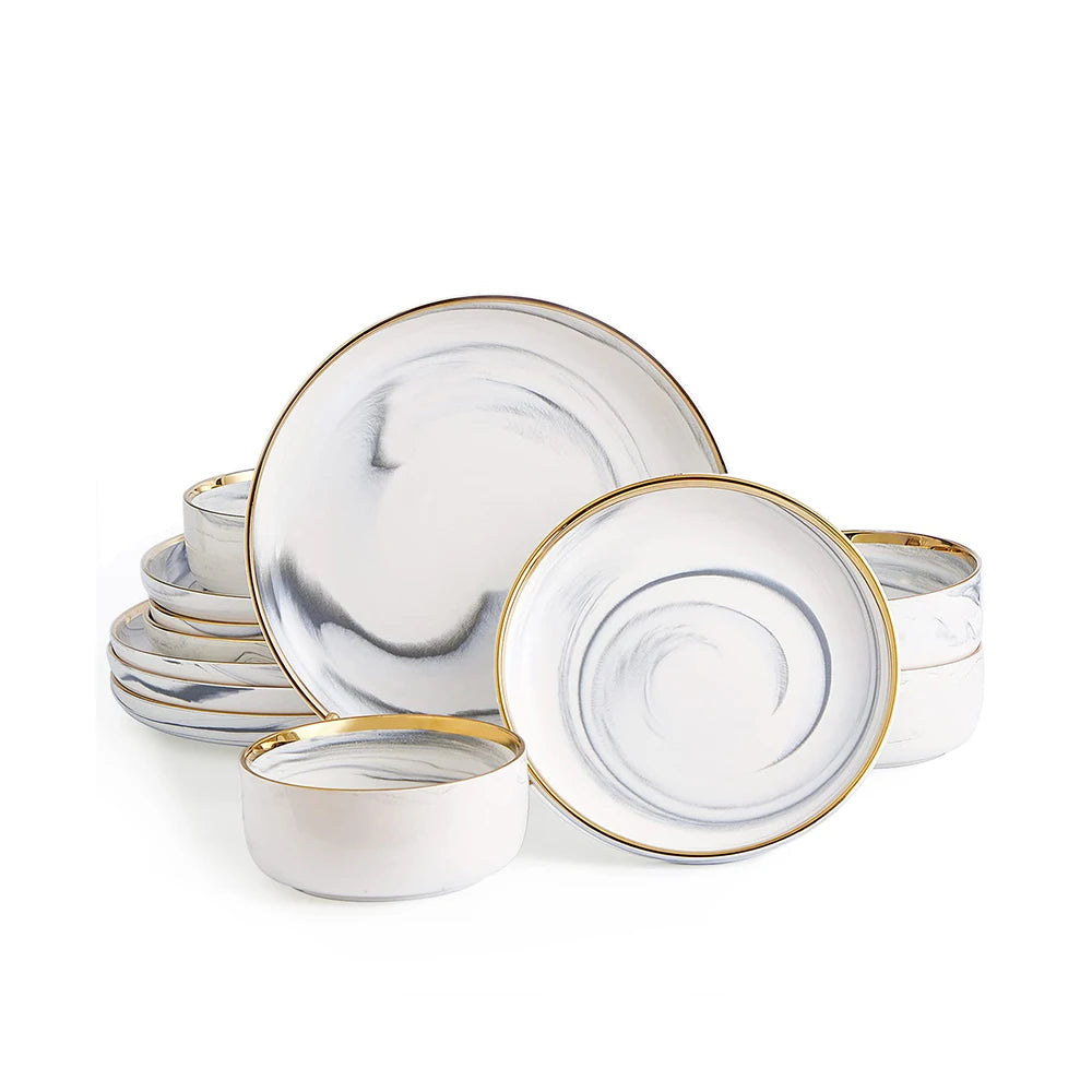 wholesale Plates and Bowls Sets for 4, Gold Dinnerware Sets, 12 Piece Marble Porcelain Round Stoneware Dinner Dish Sets