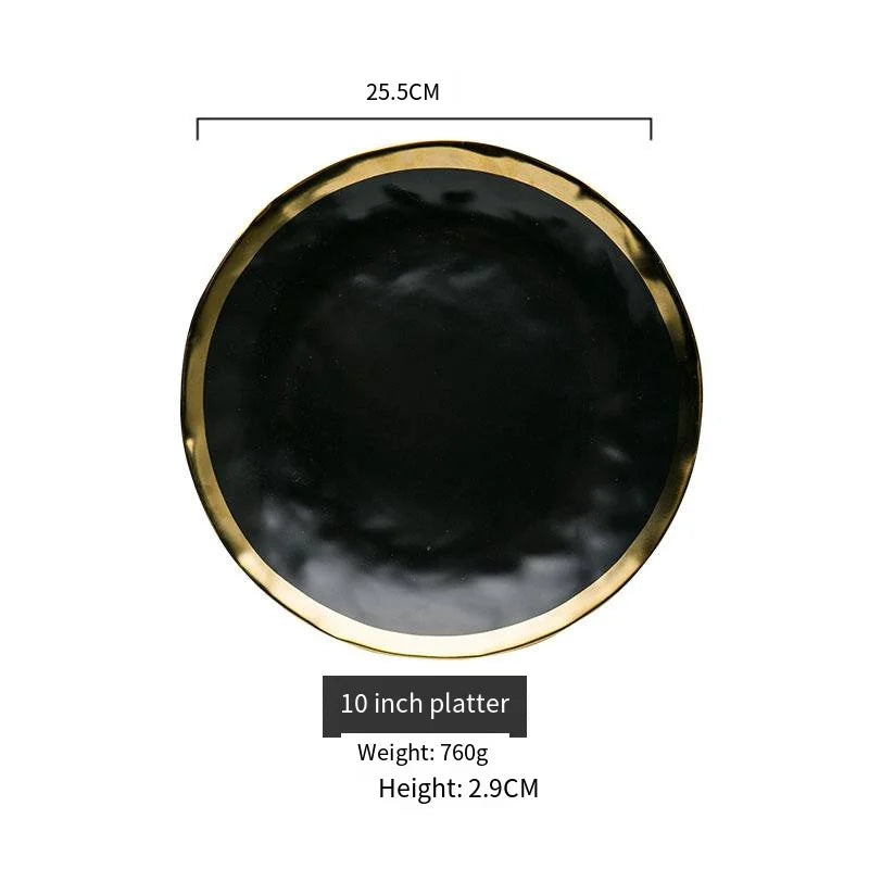 Luxury dinnerware high grade black porcelain charger plate with gold rim