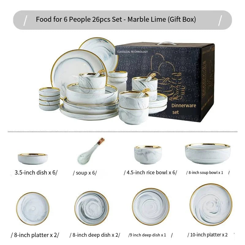 wholesale Plates and Bowls Sets for 4, Gold Dinnerware Sets, 12 Piece Marble Porcelain Round Stoneware Dinner Dish Sets