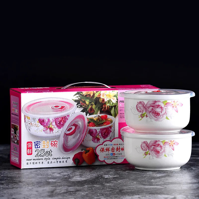 custom printed  ceramic  bowl 3 set microwave safe storage food container fruit serving fresh seal bowls noodle bowl with lid