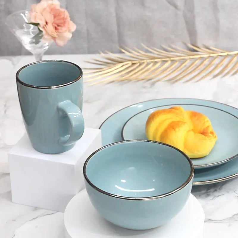 Wholesale Colorful 12pcs Bowl Mugs Stoneware Western Plate Set Porcelain Luxury Dinnerware Dishes