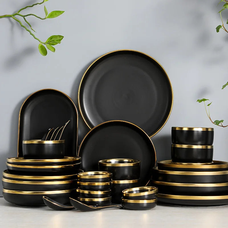 Wholesale Customization Tableware Black stripes Porcelain Bone China Dinner Set Dishes Ceramic Plate Dinnerware Sets