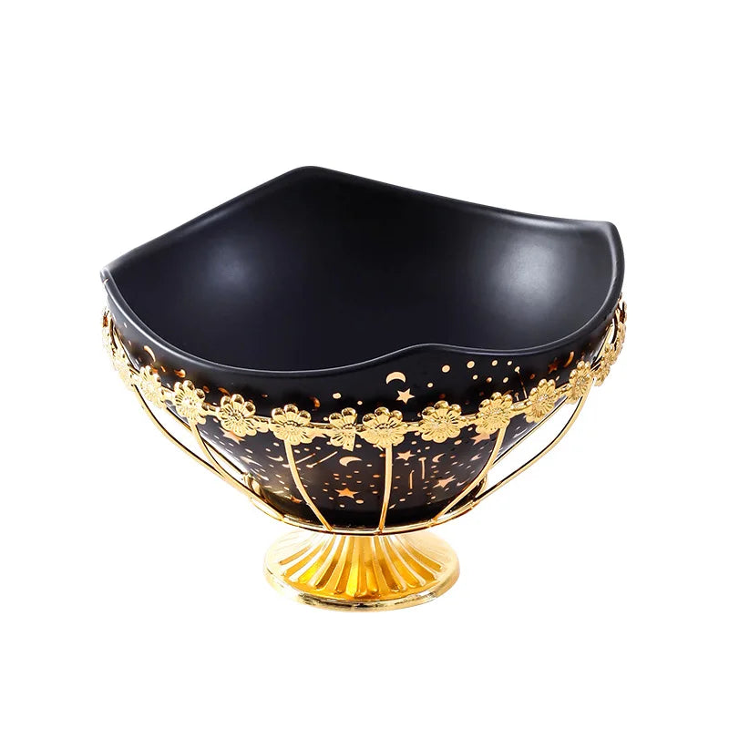 Northern European Marble Pattern Black Ceramic Fruit Salad Bowl With Gold iron frame Tableware Fruit Snack Plate