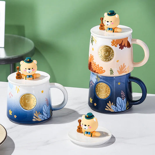 JIUWANG Wholesale New Creative Cute bear Animals 3D Tea Coffee Travel Water Mug With Wooden Lid Sublimation Ceramic Mug