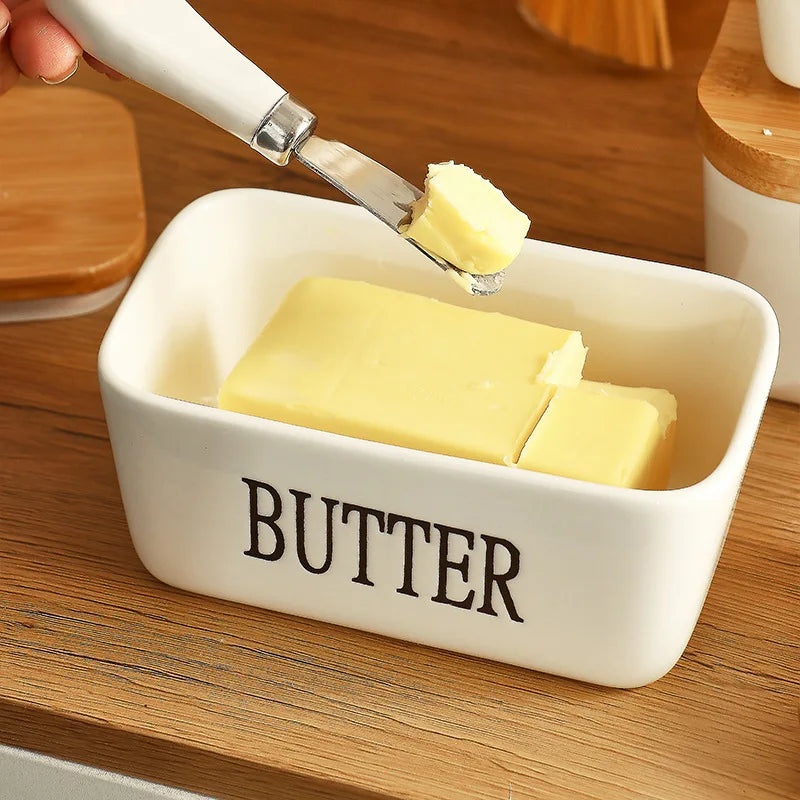 Hot Selling Rectangular Ceramic Sealed Jar Butter Box With Knife Set Kitchen Box Storage Ceramics