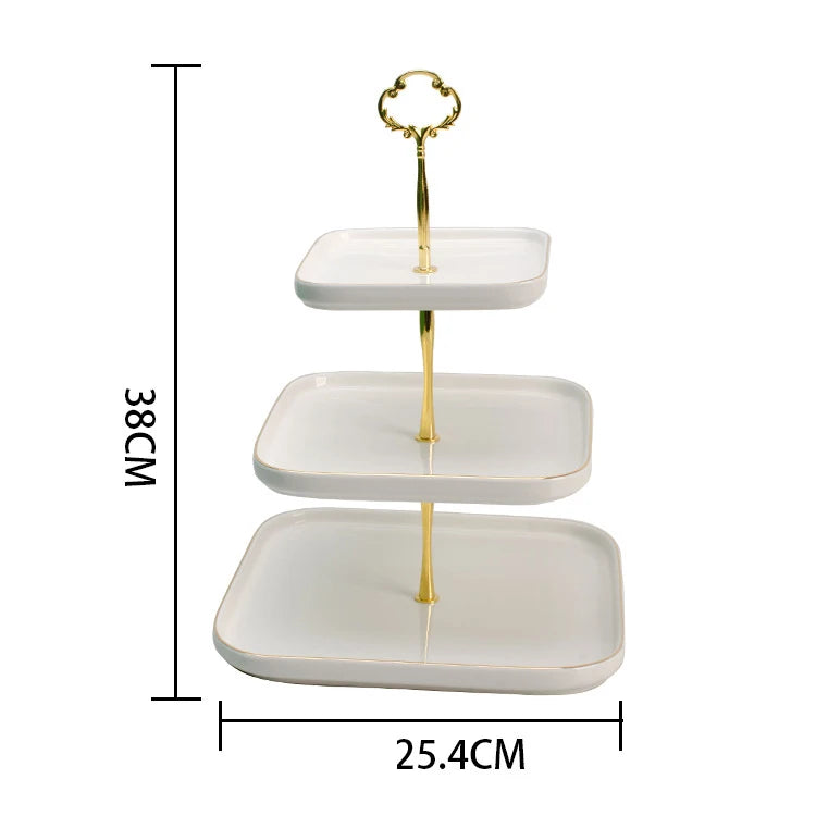 Wholesale china tray nordic gold luxury decorative kitchen storage cake chocolate ceramic 2 3 layers serving tray