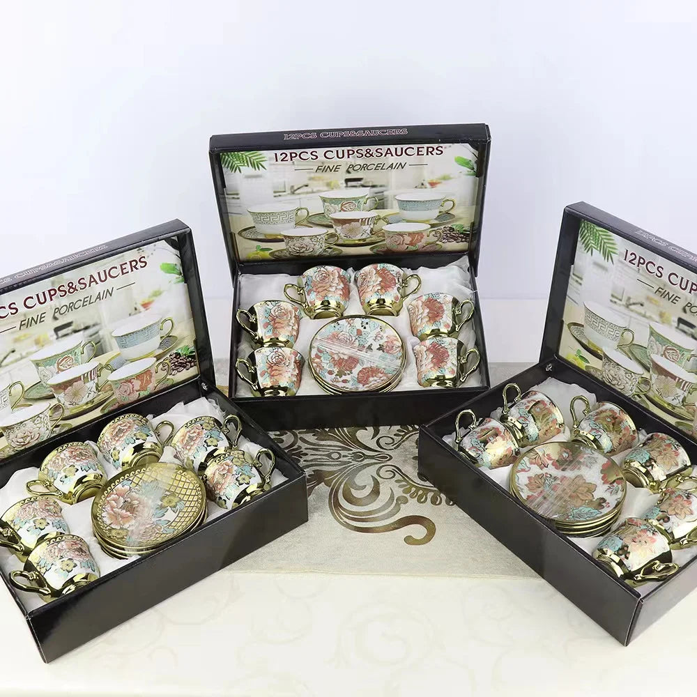 Phnom Penh wholesale 6 cups 6 dishes ceramic tea set green red white yellow gold  ceramic coffee cups set with saucer