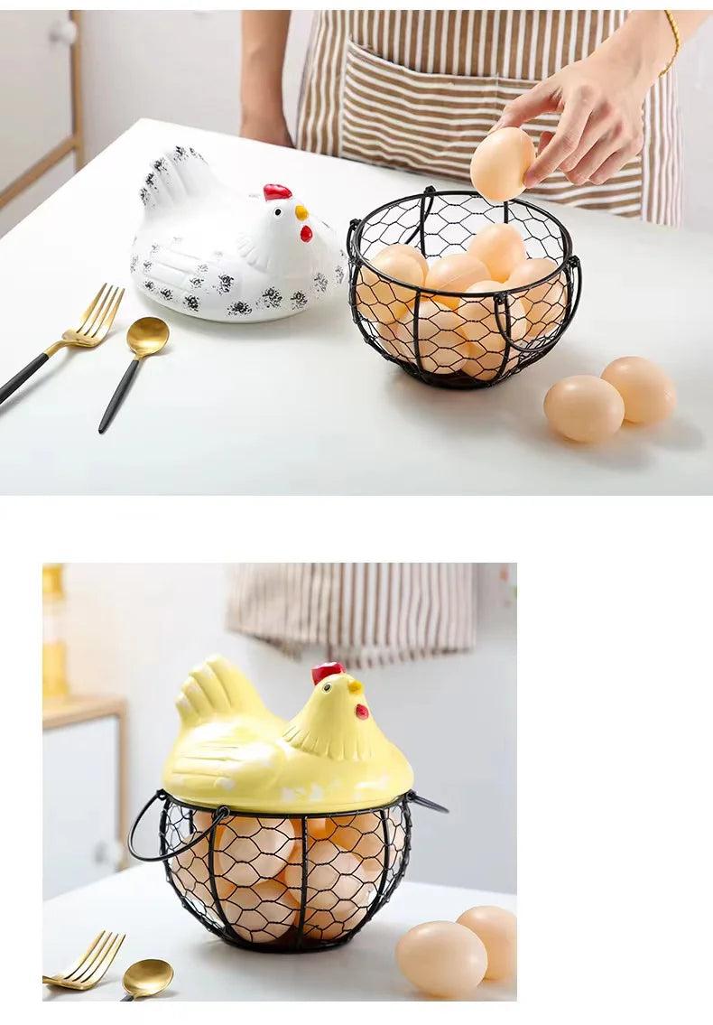 Egg Fruit Metal Storage Basket Ceramic with Lid Large Capacity Mesh Bread Basket Hen Ornament Organizer Kitchen Gift Basket