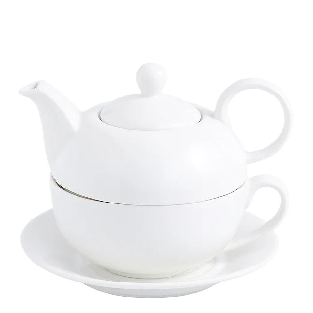 14oz 420ml Best Gift for Family Friend Lover White Porcelain Tea For One Set Ceramic Teapot and Teacup with Lid and Saucer