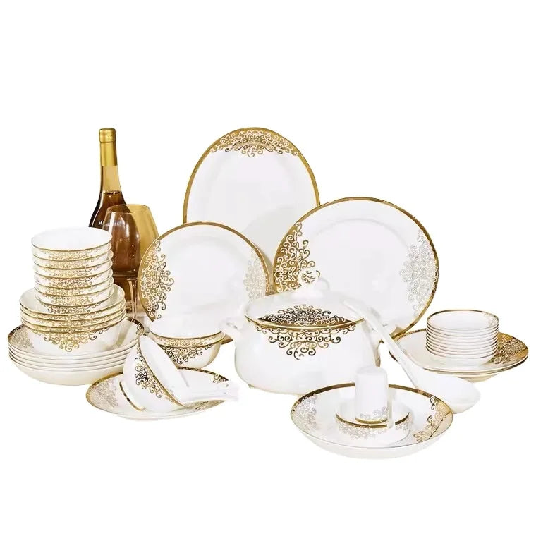 56pcs dinner set with cut decal Wedding dinner plates golden pattern luxury ceramic dinnerware