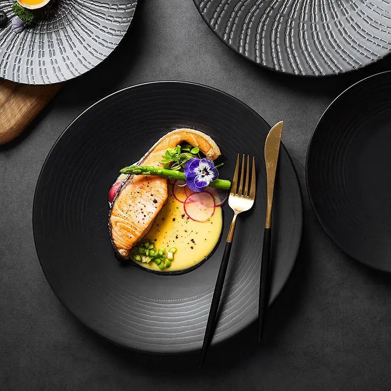 Hot hotel ceramic black dish dinner steak porcelain luxury plates sets dinnerware,matte plates,sushi set plates