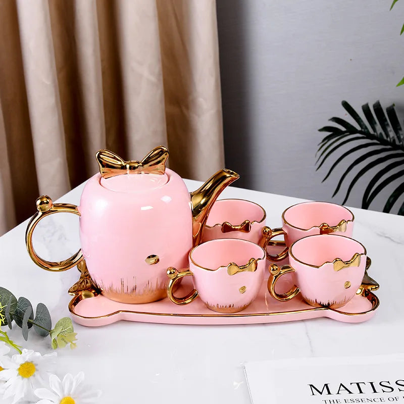 hot sale ins style high-value with gold rim ceramic coffee cup set, living room home 150ML ceramic teapot set with tray