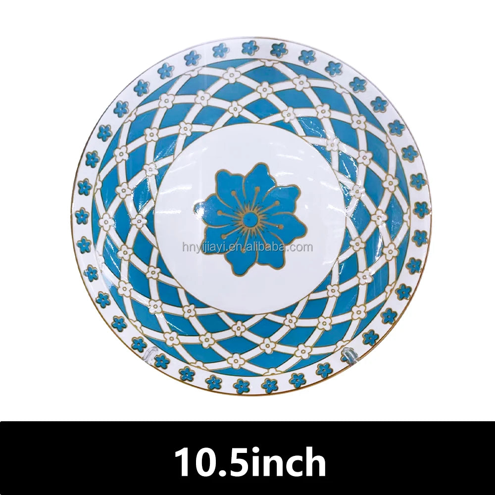 JIUWANG vintage restaurant ceramic porcelain  flower flatware 12inch 10inch 8inch blue fine bone china dinner plates for 12 peop