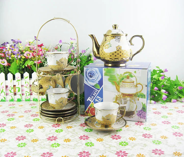 15pcs/set Delicate Bone china Coffee Cup Set European Vintage Tea Cup Tea Kettle Saucer Set