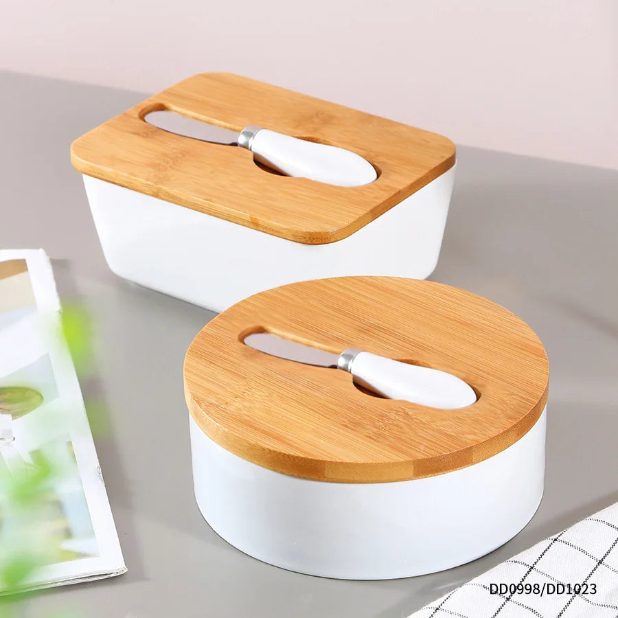 Ceramic Butter Dish with Bamboo Lid And Knife Butter Keeper Container For Customize butter dish with lid solid cheese container