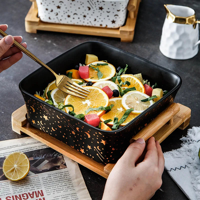 drop shipping Fruit Salad Bowl Home Kitchen Large Square bowl Bamboo Wood Tray Black Rice pot Soup White Ceramic Square Bowl