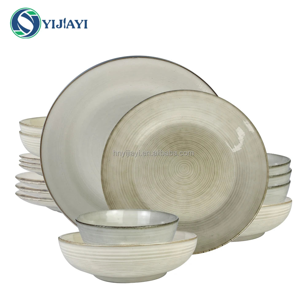 complete tableware set 12 18 24 piece  Stone Color Glazed Stoneware Ceramic Dinnerware soup bowl dinner sets