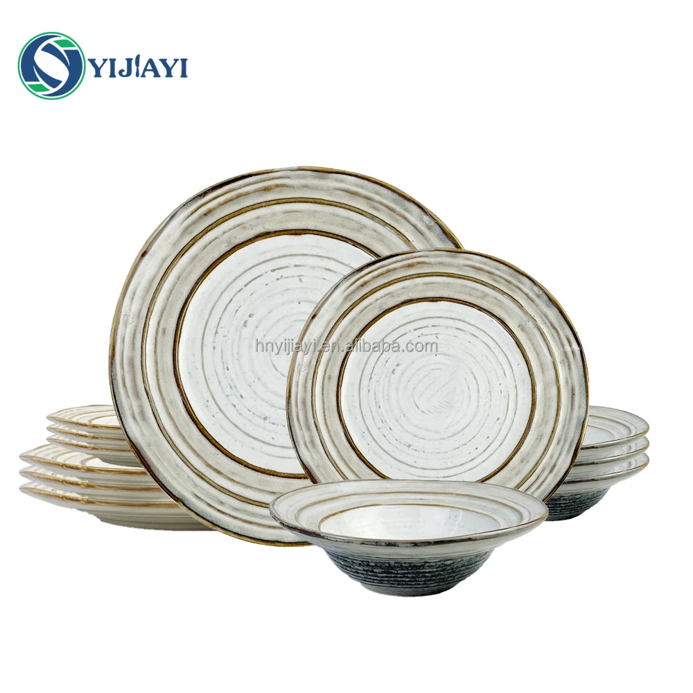 JIUWANG Wholesale Custom Wedding Luxury Glazed Nordic 16pcs Porcelain Stoneware Dinnerware PLATES Sets