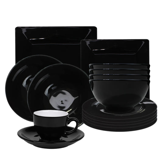 Black Dinnerware Set 18-PCS Kitchen Dinner Set Service for 6 Safety for Microwave &Dishwasher Square Plates