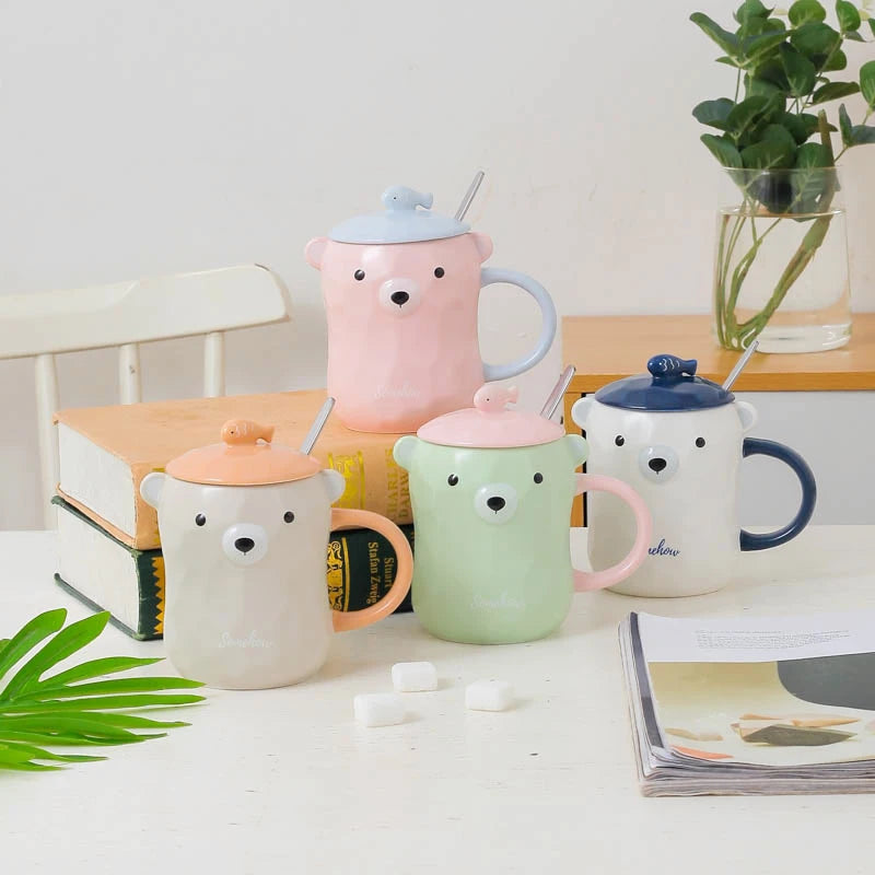 Cute Bear 3D Ceramic Mugs Creative Milk Coffee Tea Cup Unique Porcelain Mugs with Lid and Spoon