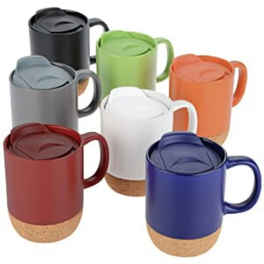 ceramic mug with removable bottom cork base and splash proof lid