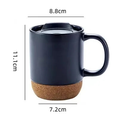 Custom nordic matte black cork base coffee mug cup ceramic with wooden insulated cork bottom Lid