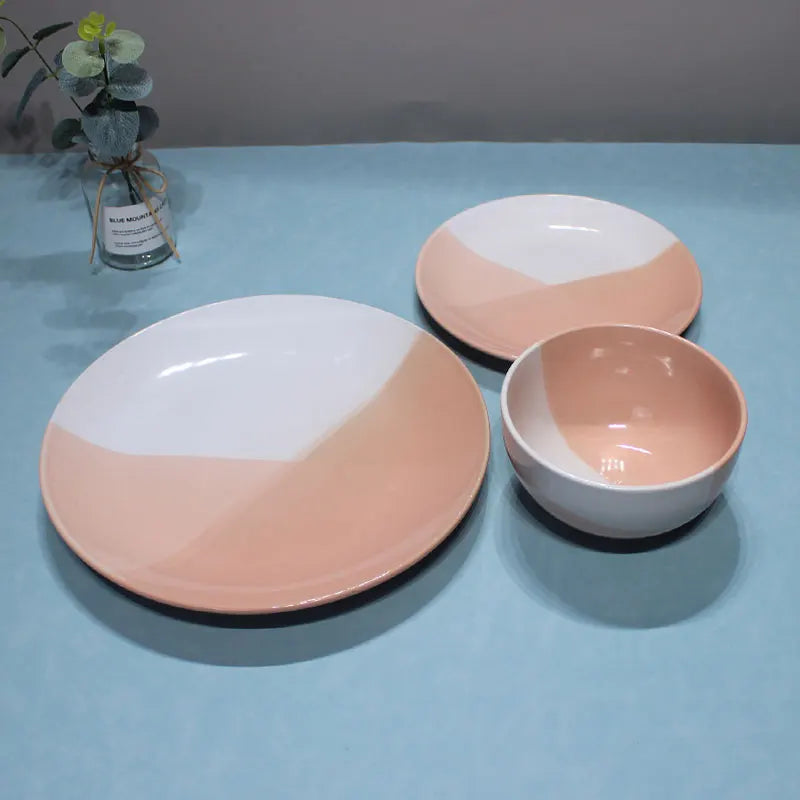 Sustainable custom wedding dinner set Dinnerware Sets Glazed Stone Color Dinner Plates Plant pattern ceramic bowls