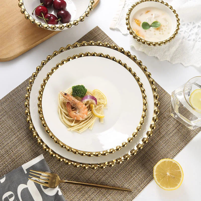 JiuWang Gold and white Plate plated rim Ceramic Bowls Ceramic dinner Plates premium heavy weight flatware eating tableware set